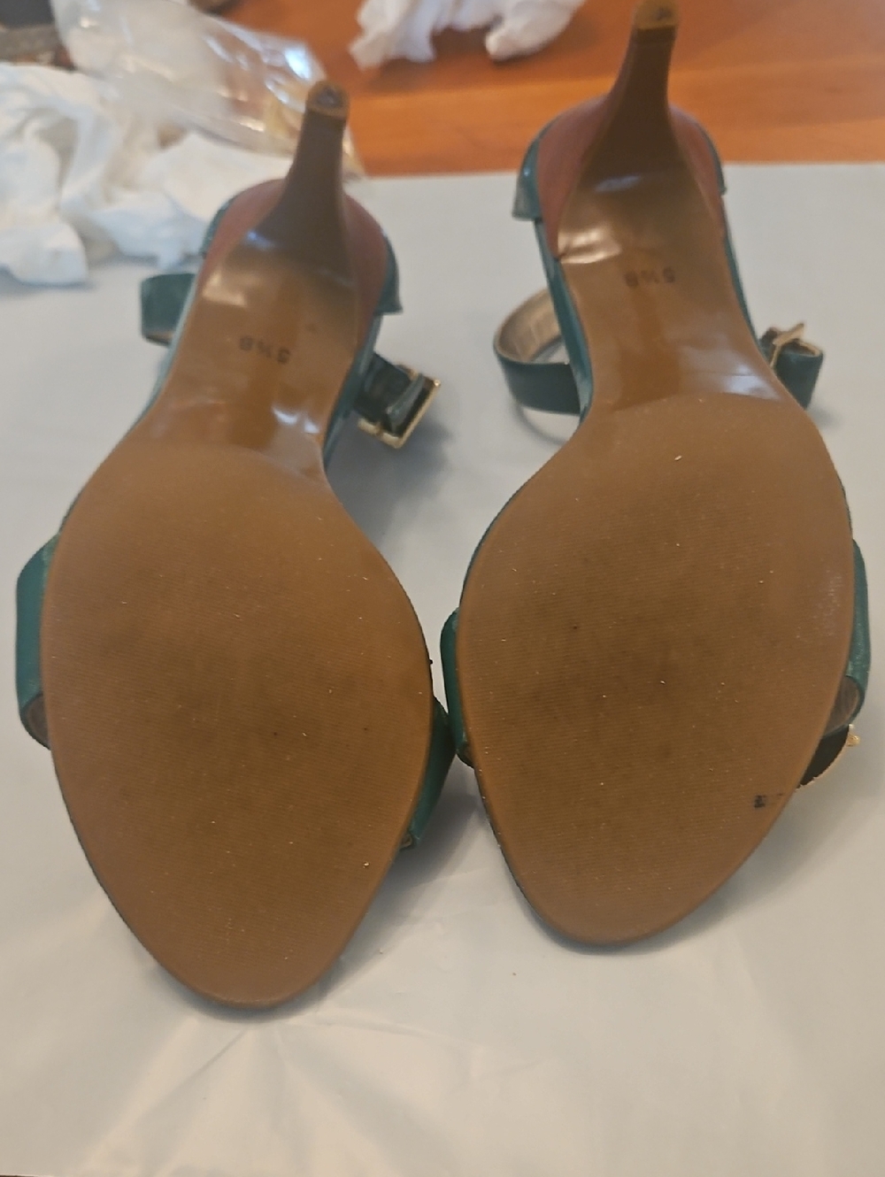 Talbots Teal Patent Open-Toe Ankle-Strap Heels with Gold Emblems - Picture 5 of 9